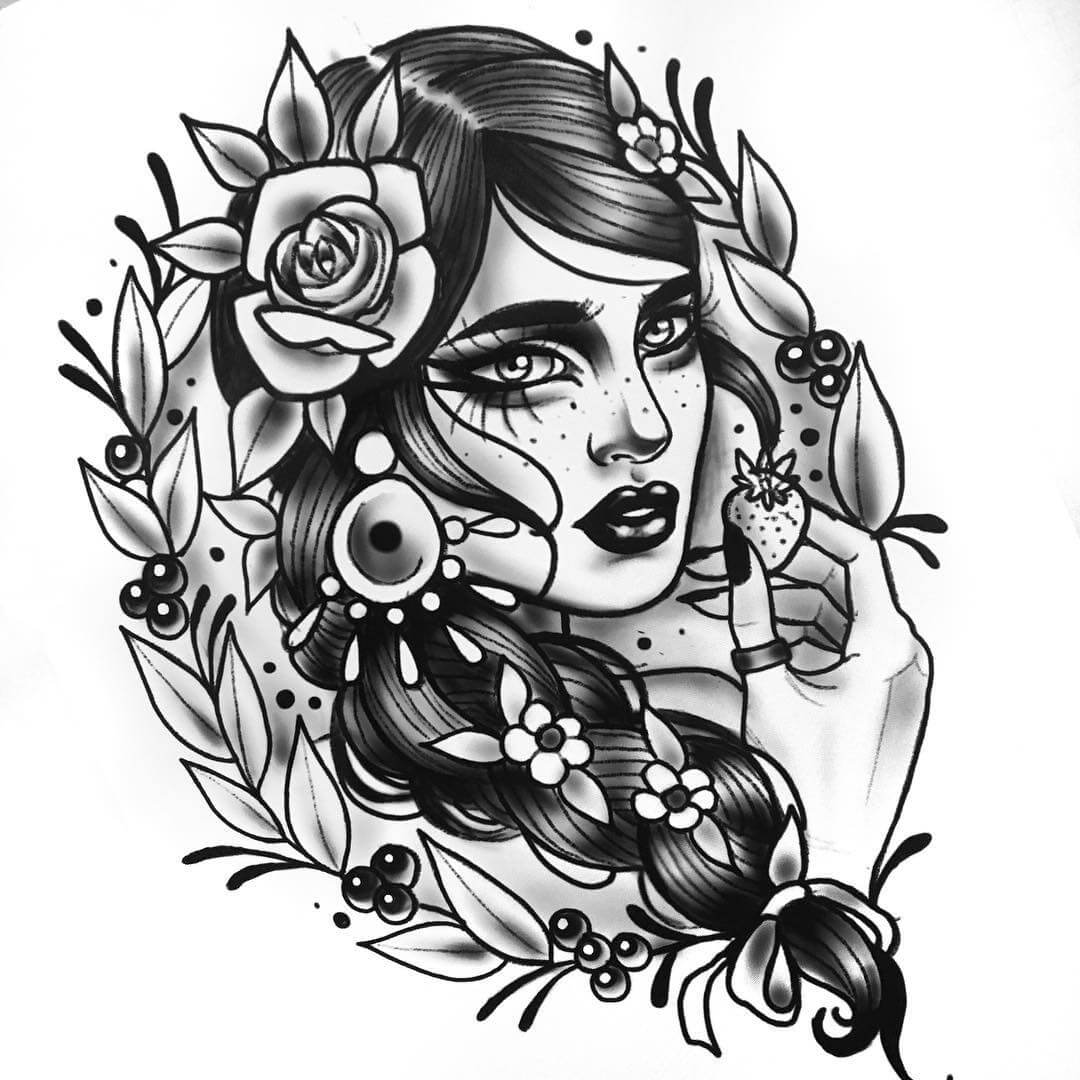 Neo Traditional Black and White Woman Tattoo