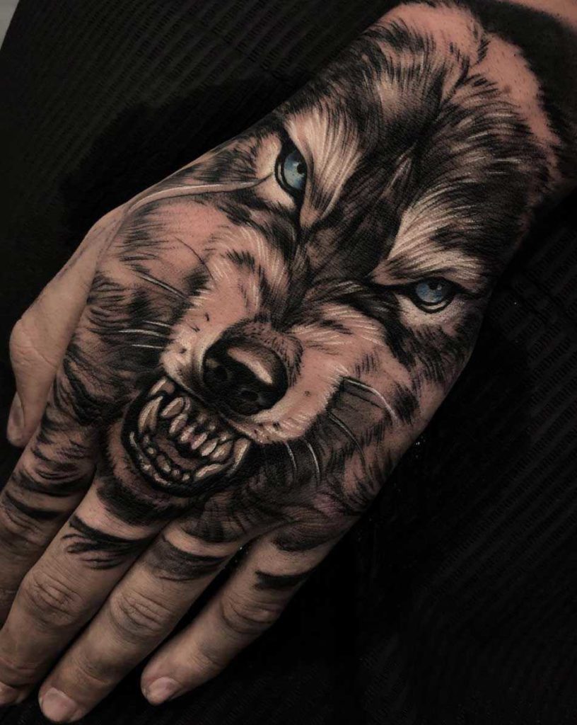 Wolf realistic Hand Tattoo